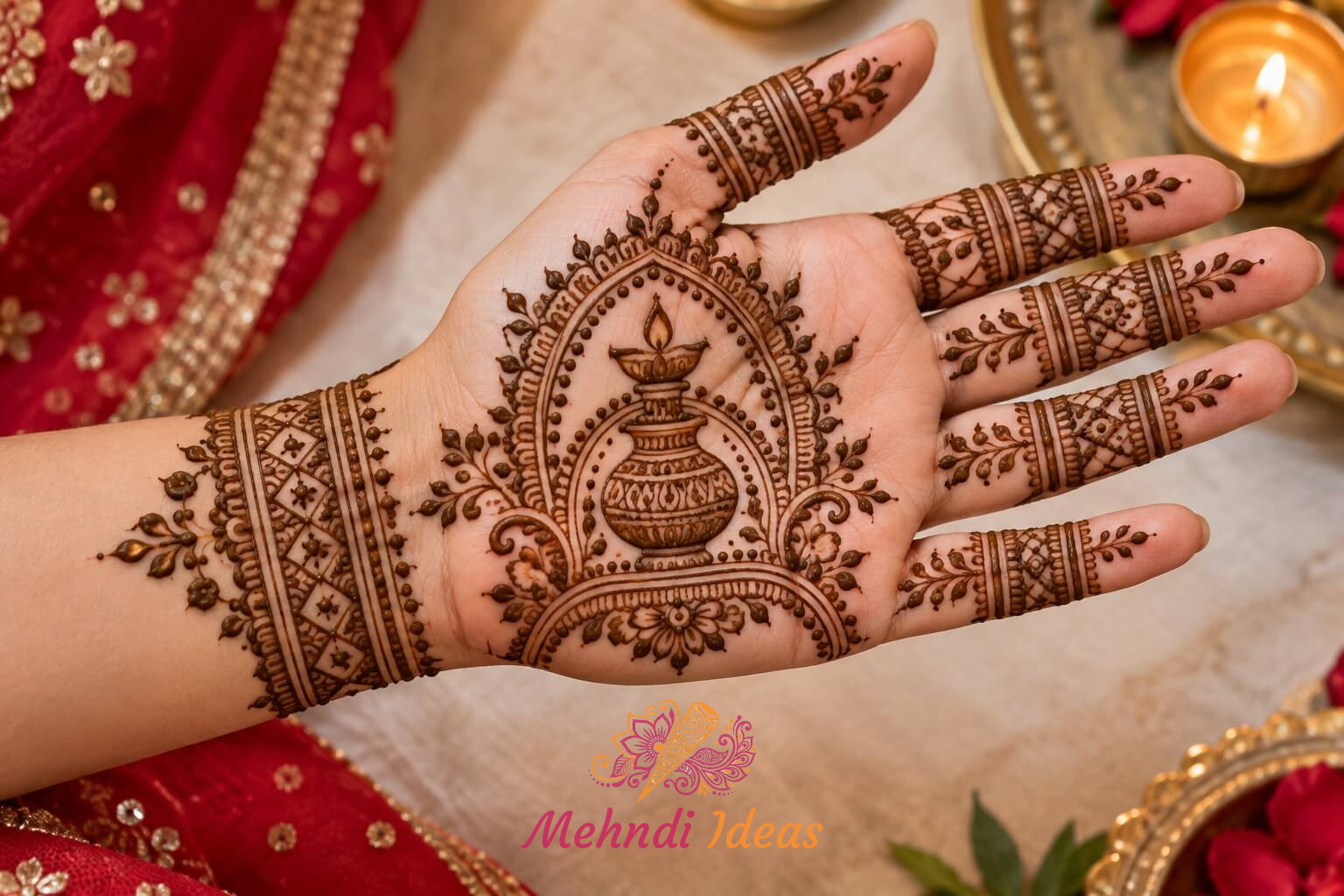करवा चौथ मेहंदी डिज़ाइन में करवा और दीप से प्रेरित पारंपरिक फ्रंट हैंड पैटर्न
