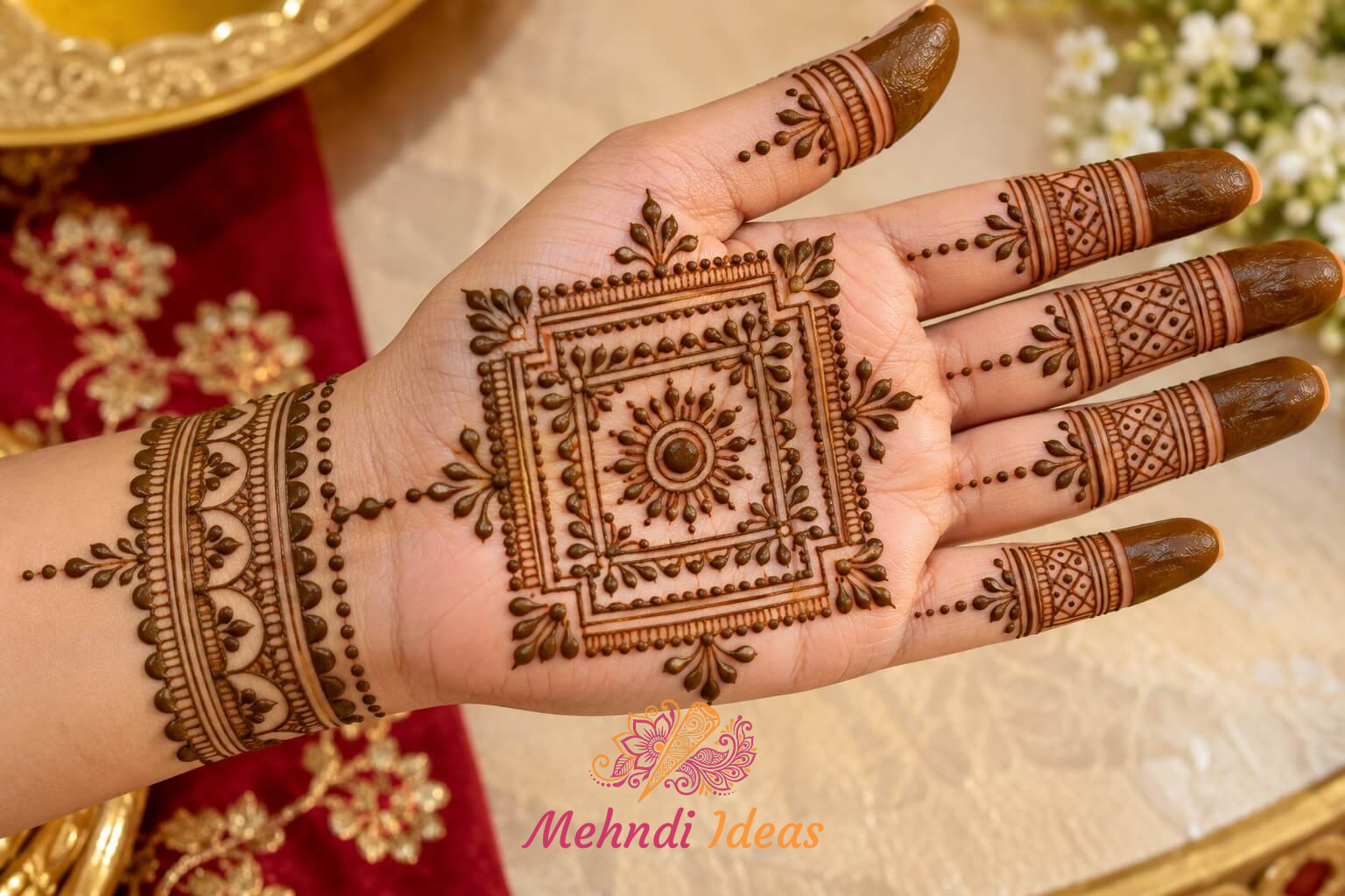 करवा चौथ मेहंदी डिज़ाइन में लोककला चौखट और सूर्य आकृति वाला फ्रंट हैंड
