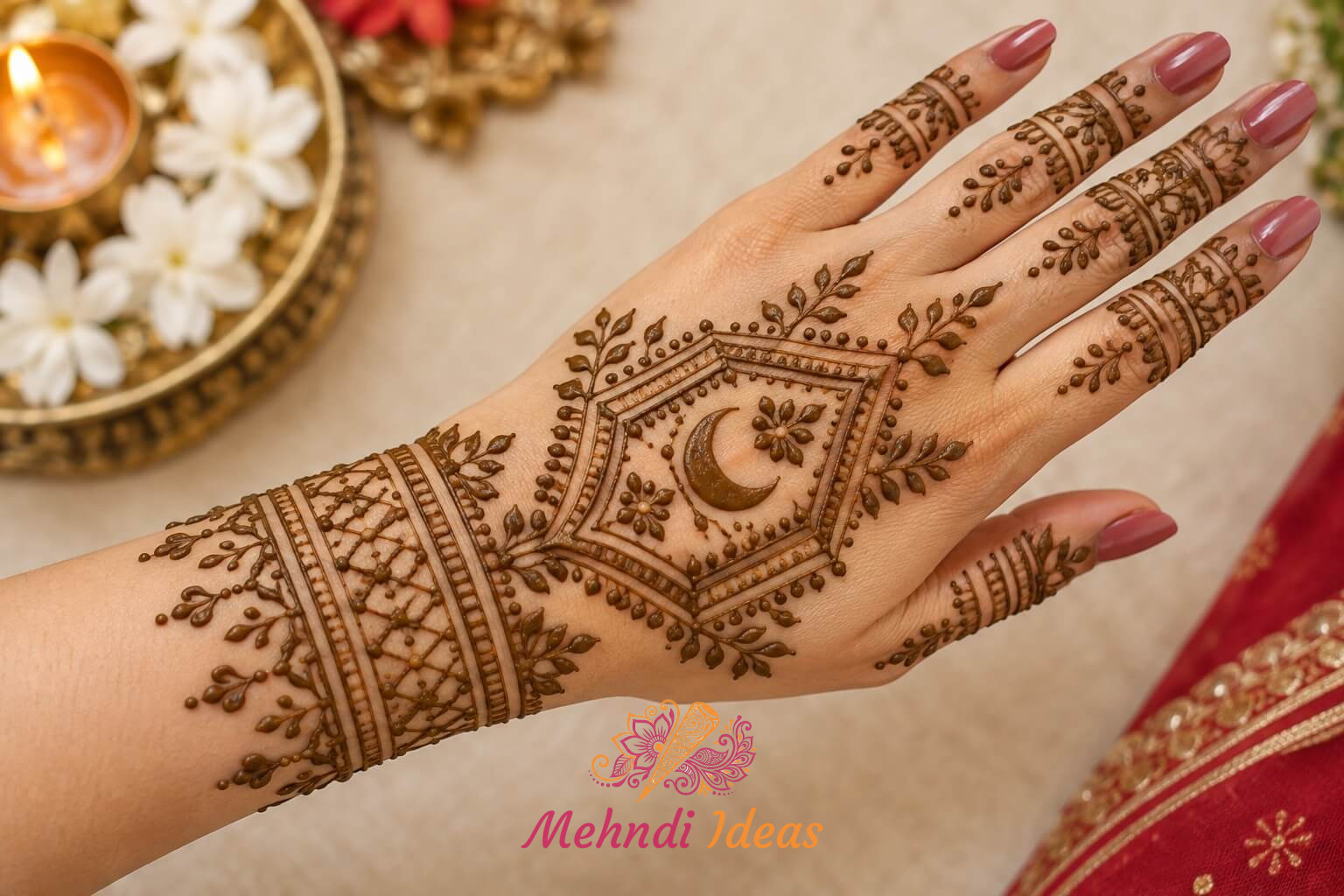करवा चौथ मेहंदी डिज़ाइन में मंगल चौक से प्रेरित पारंपरिक बैक हैंड पैटर्न