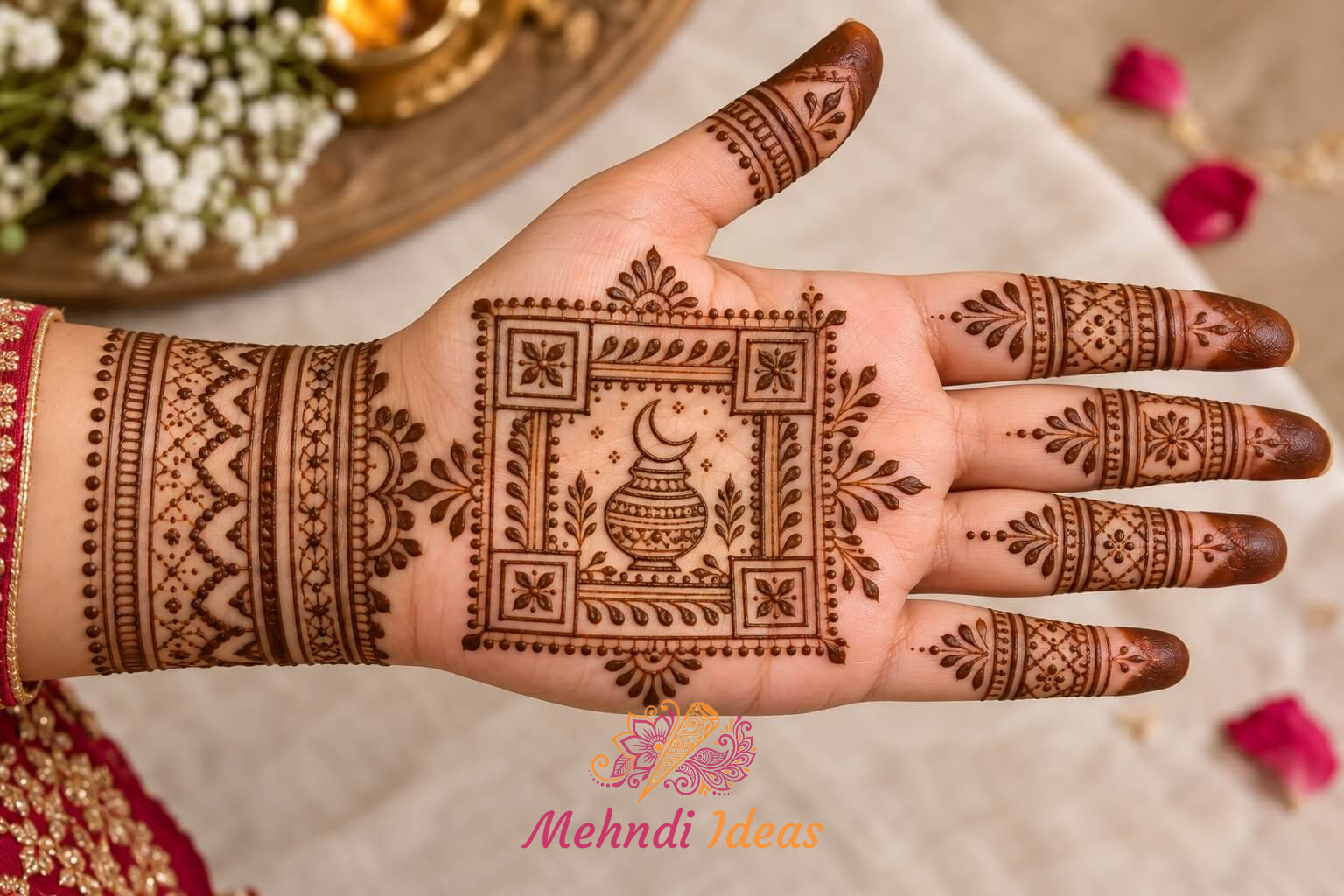 करवा चौथ मेहंदी डिज़ाइन में मंगल चौक और चंद्रकलश से प्रेरित फ्रंट हैंड
