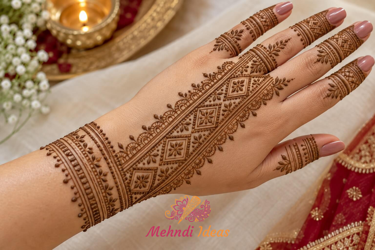 करवा चौथ मेहंदी डिज़ाइन में साड़ी बॉर्डर शैली का पारंपरिक बैक हैंड पैटर्न
