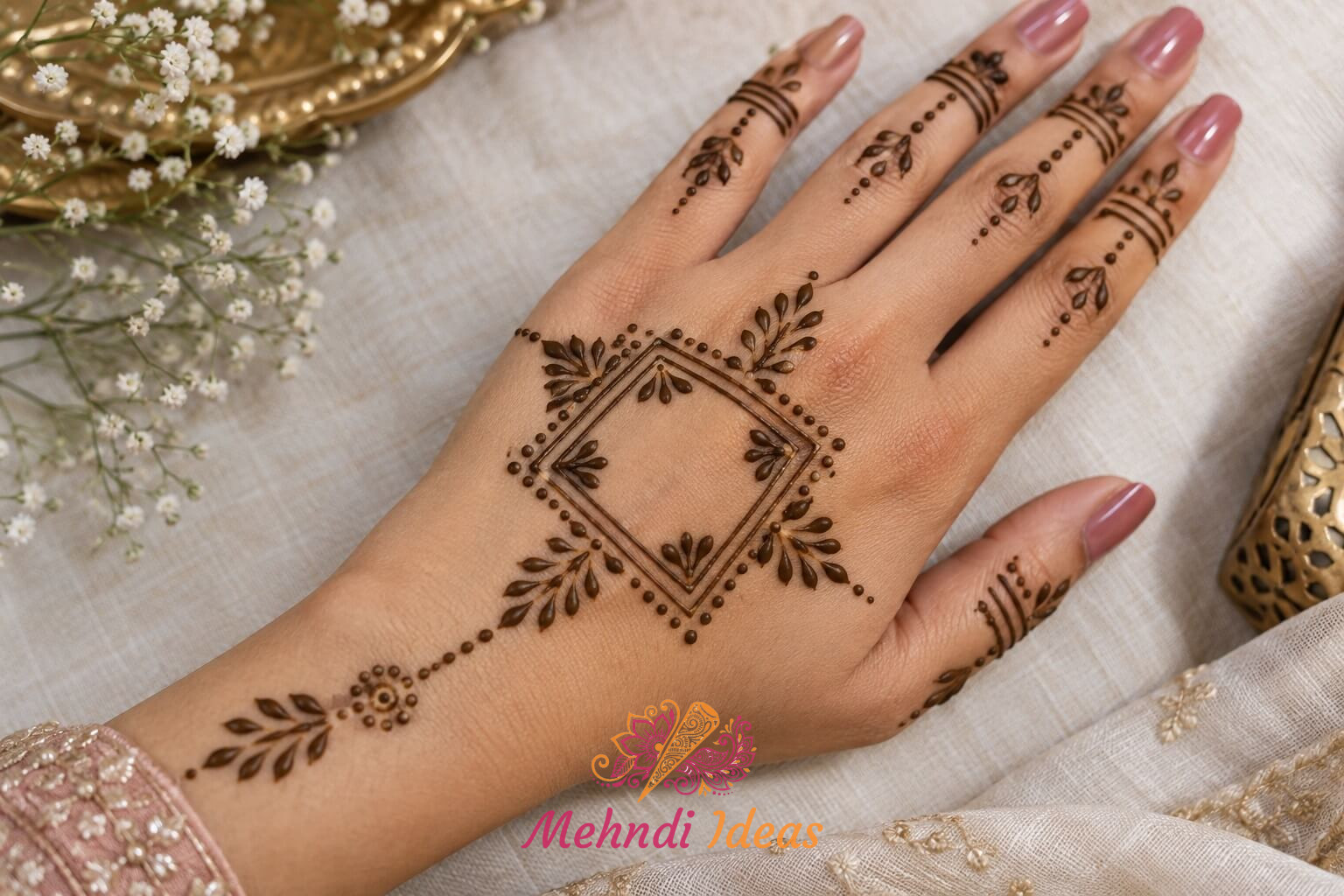 dot mehndi design back hand में खुली चौखट और पंखुड़ी-रेखा वाली शादी की मेहंदी