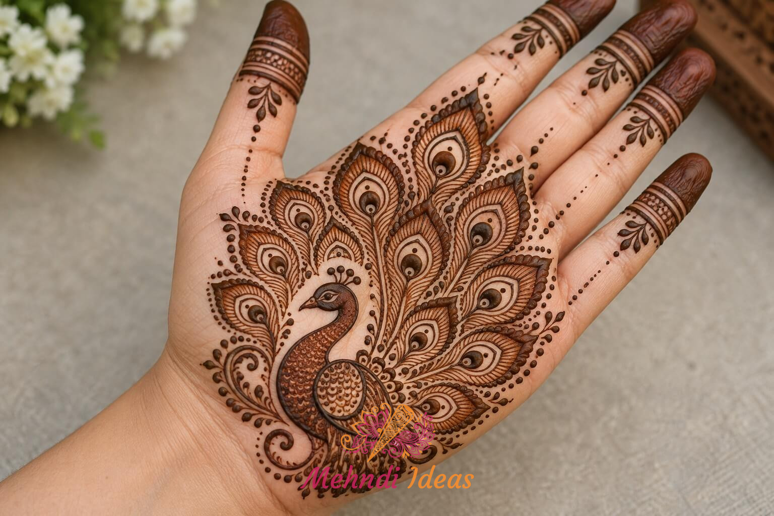Peacock Mehndi Design Front Hand with an open feather fan pattern