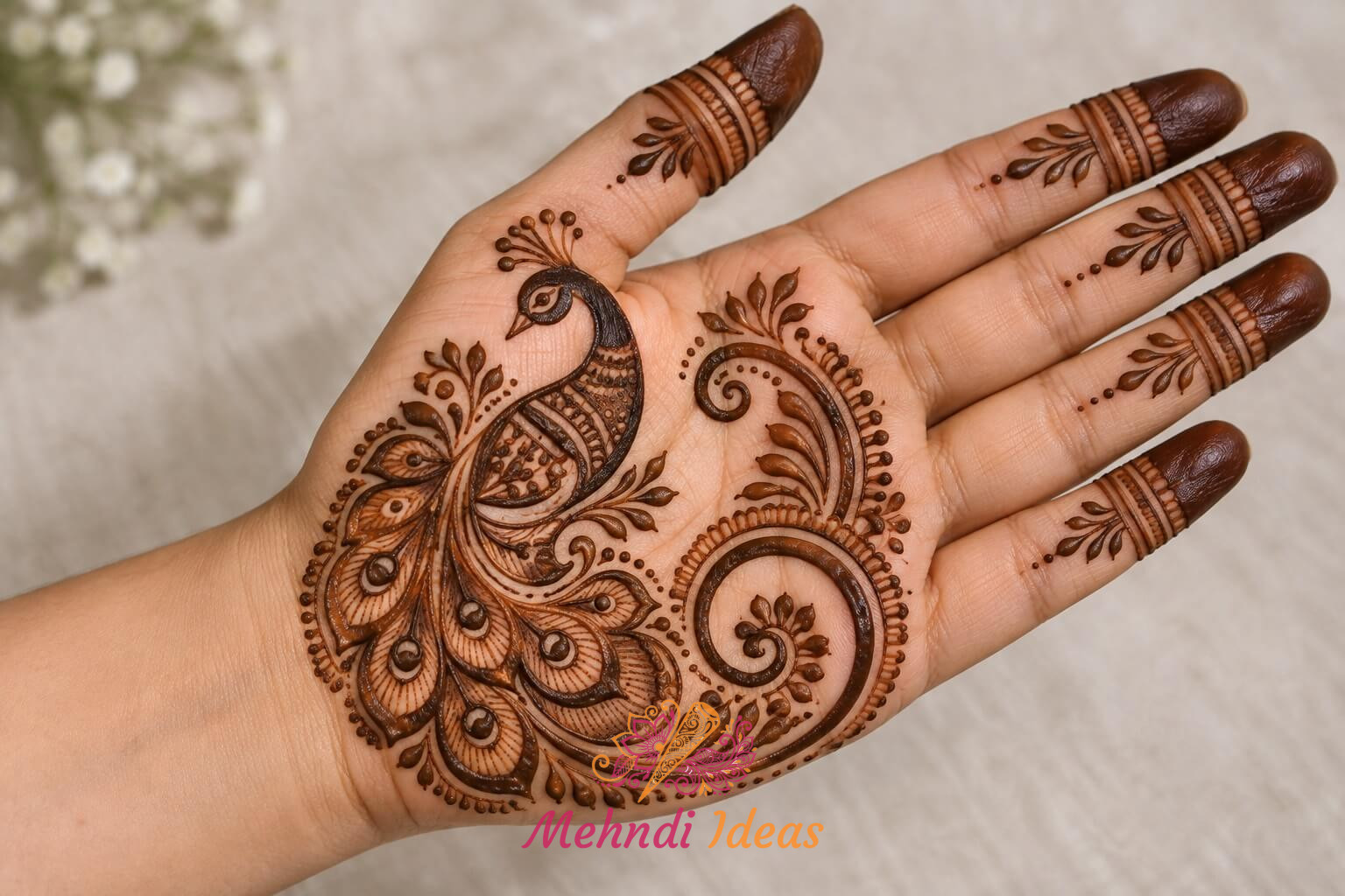 Peacock Mehndi Design Front Hand inspired by traditional Indian folk art