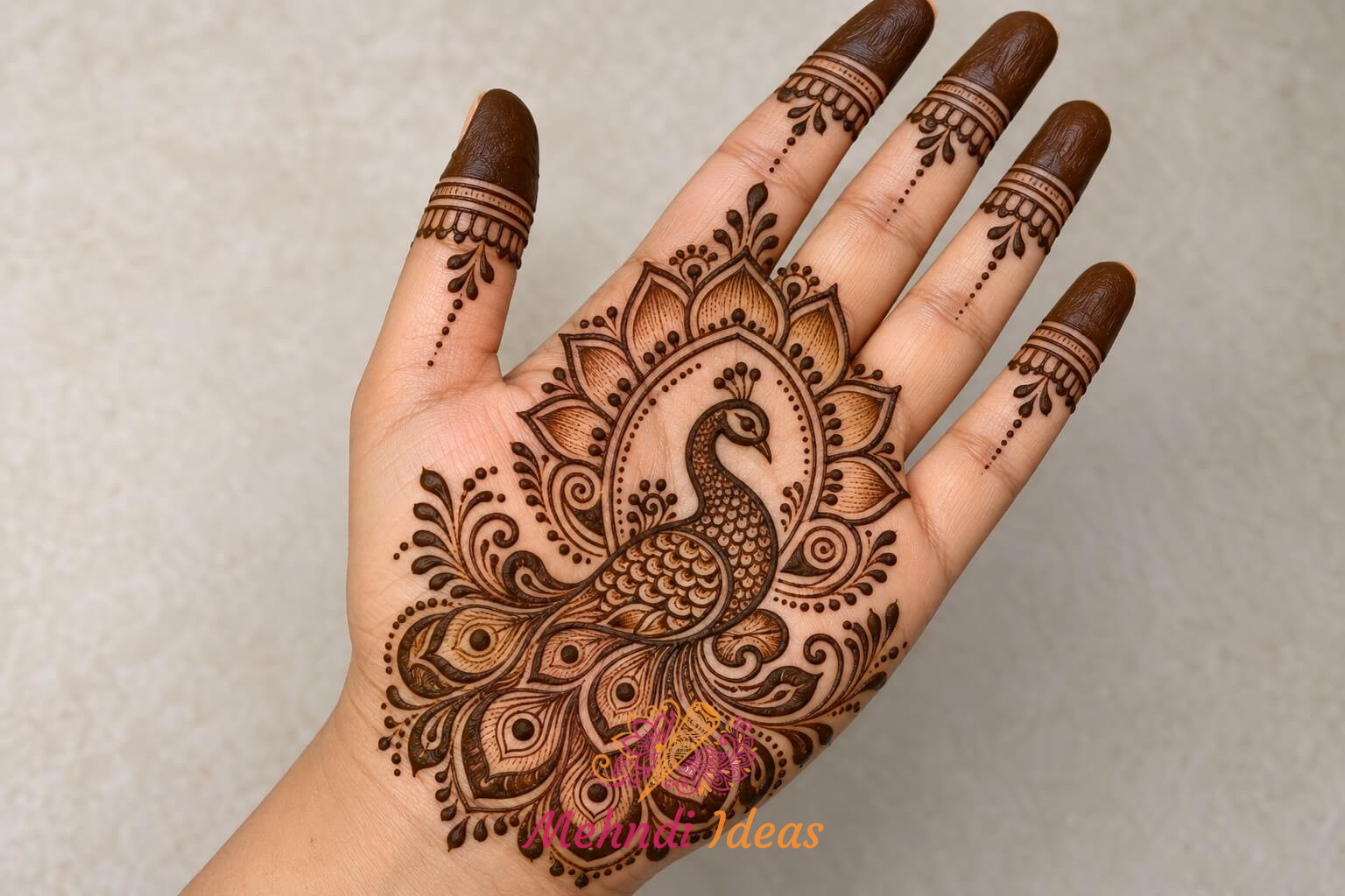 Peacock Mehndi Design Front Hand with lotus frame and traditional details