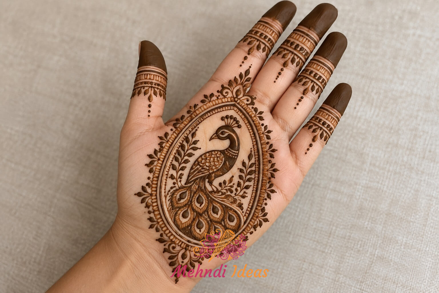 Peacock Mehndi Design Front Hand with traditional ornamental medallion