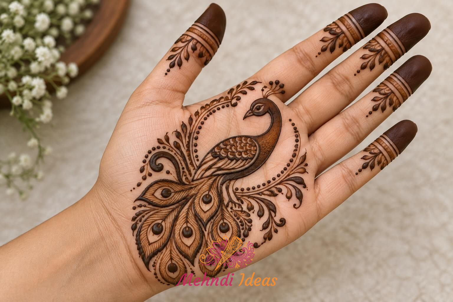 Peacock Mehndi Design Front Hand with elegant negative space