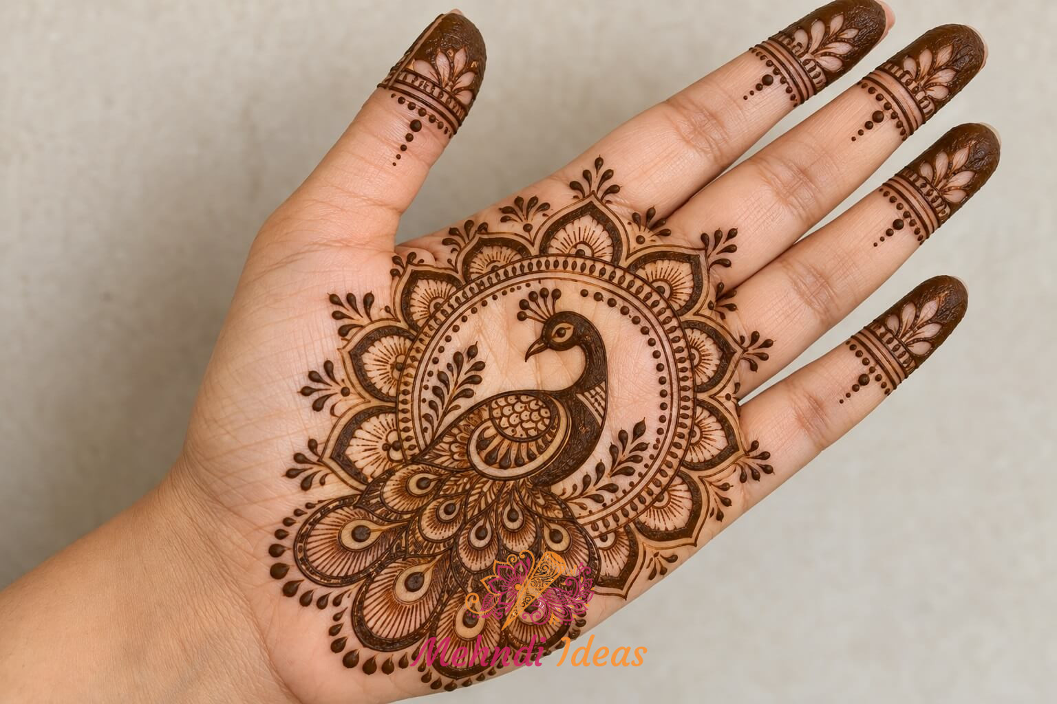 Peacock Mehndi Design Front Hand with traditional petal mandala in the palm