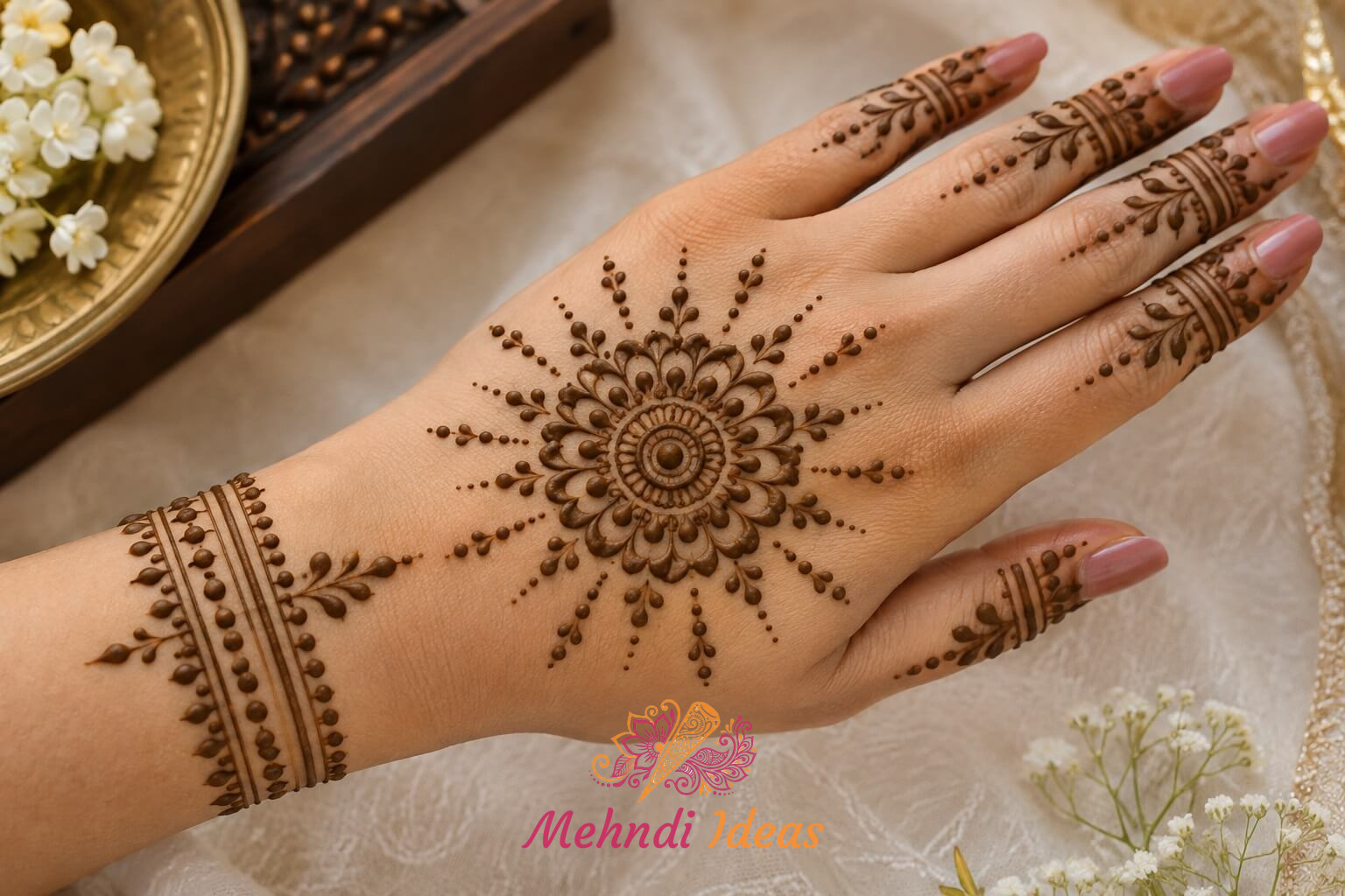 dot mehndi design back hand में गोल पंखुड़ी और बिंदीदार किरणों वाली शादी की मेहंदी