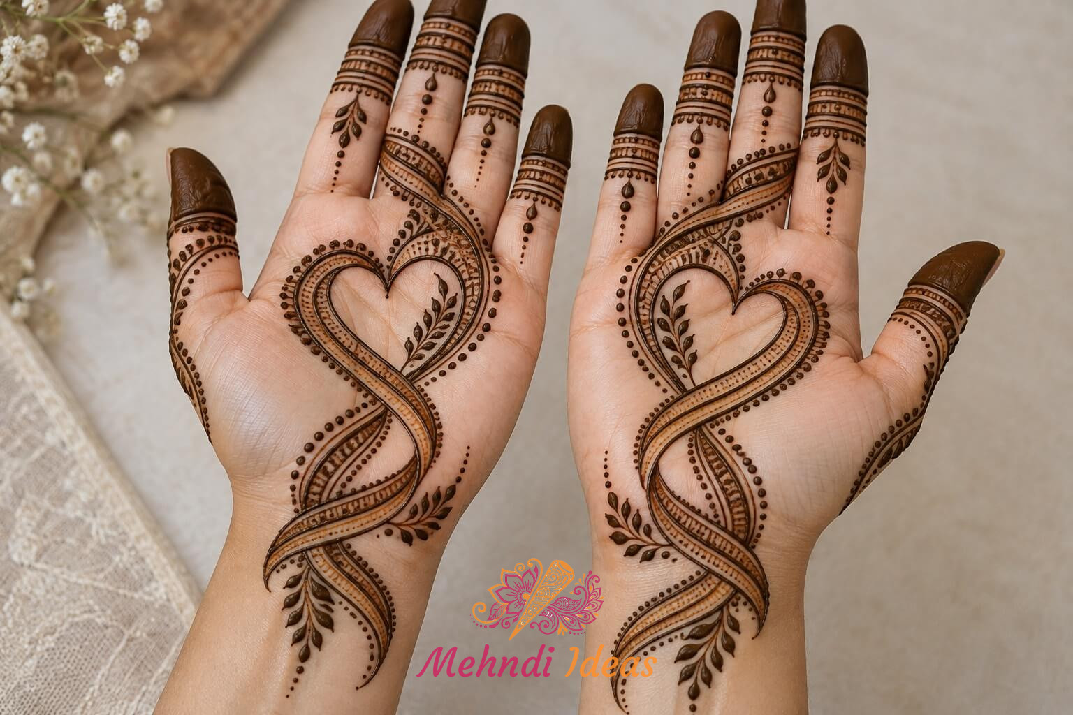 रिबन जैसा घूमता हुआ हार्ट डिज़ाइन कलाई तक उतरता फ्रंट हैंड मेहंदी डिज़ाइन