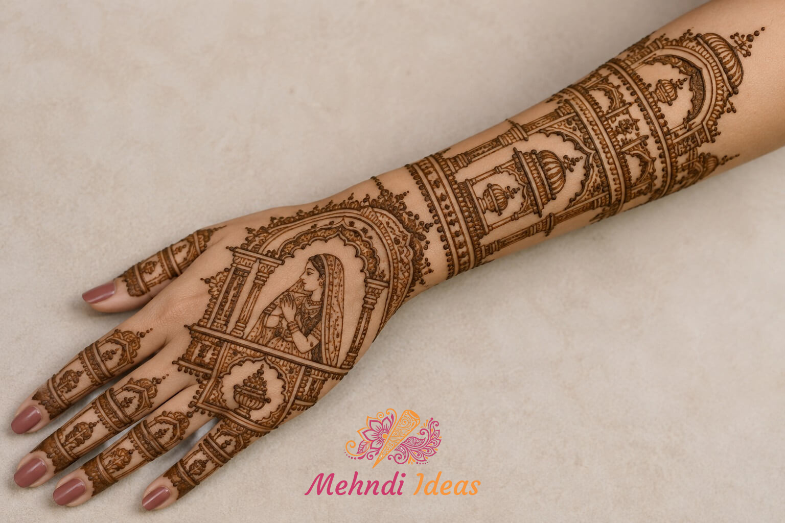 royal back hand mehndi design with arched bridal story frame and forearm panels