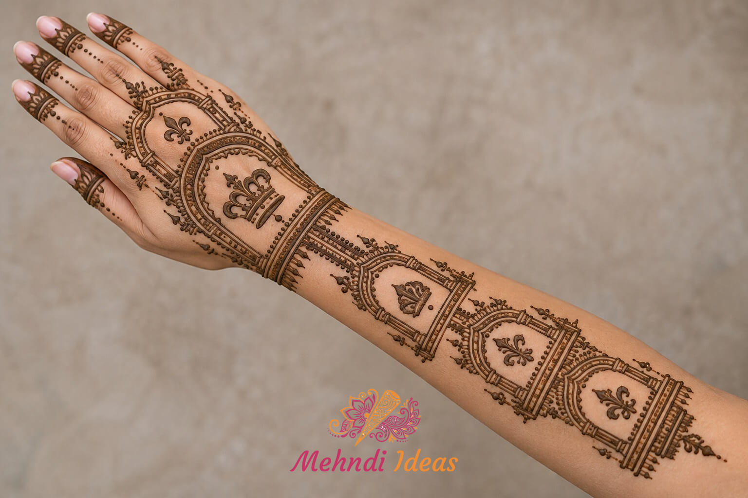 royal back hand mehndi design with layered arches and royal emblems