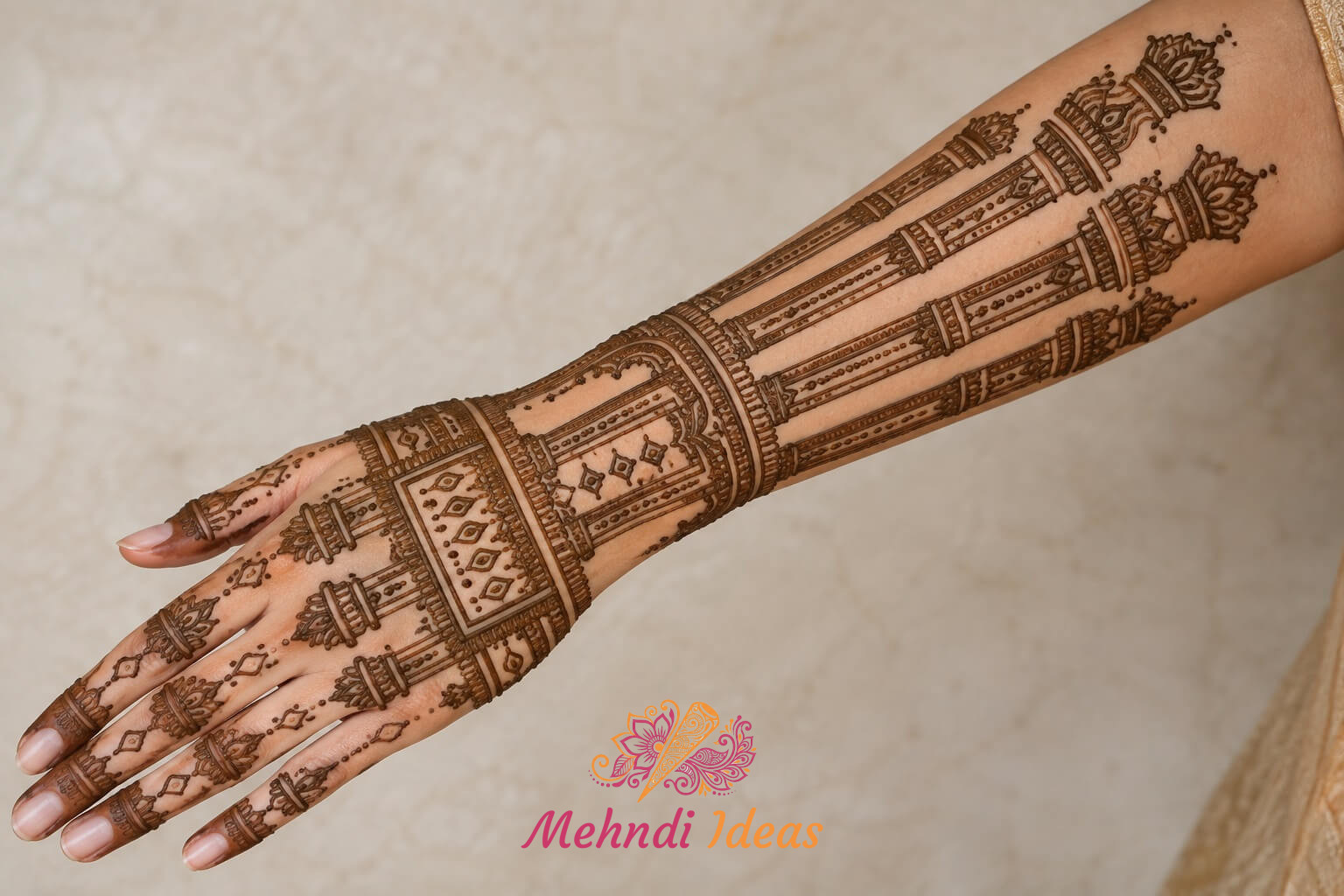 royal back hand mehndi design with palace columns and gem-inspired panels