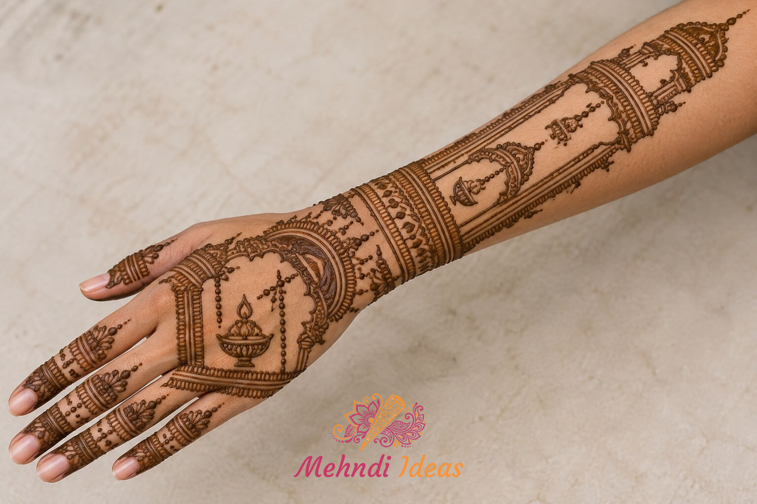 royal back hand mehndi design with crown canopy and hanging lamp centerpiece