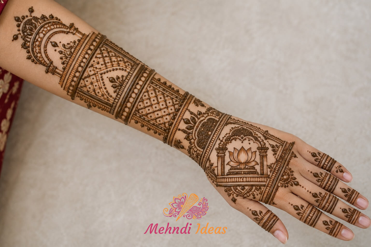 royal back hand mehndi design with lotus stage and geometric ornamental frame