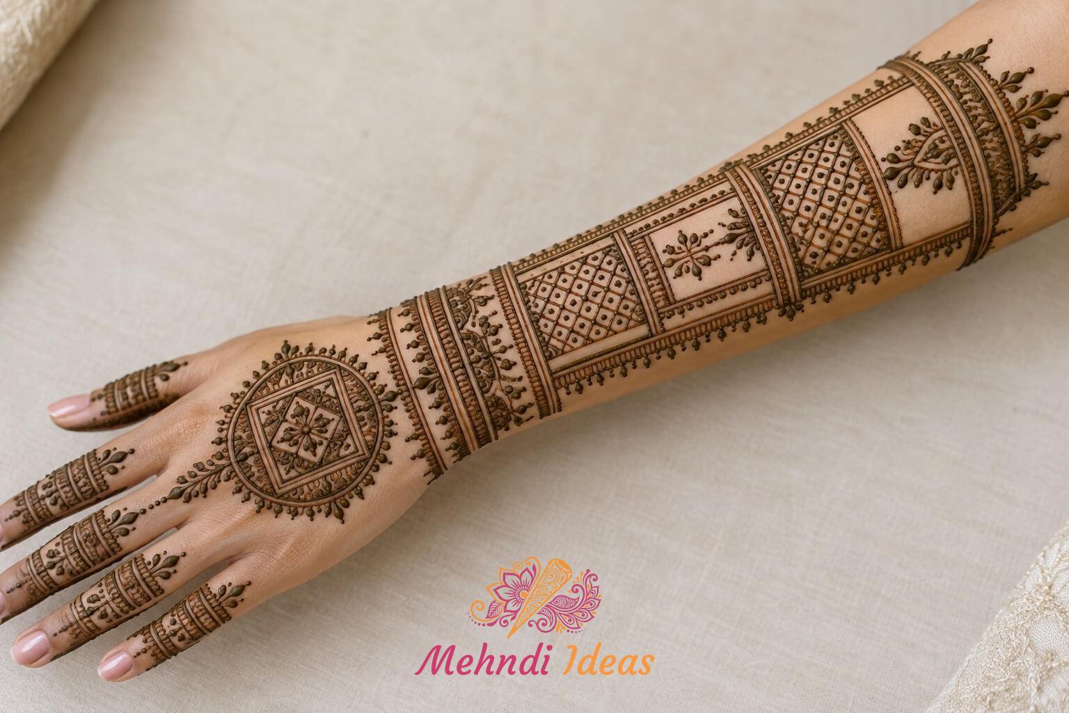 royal back hand mehndi design inspired by vertical embroidery panels for wedding