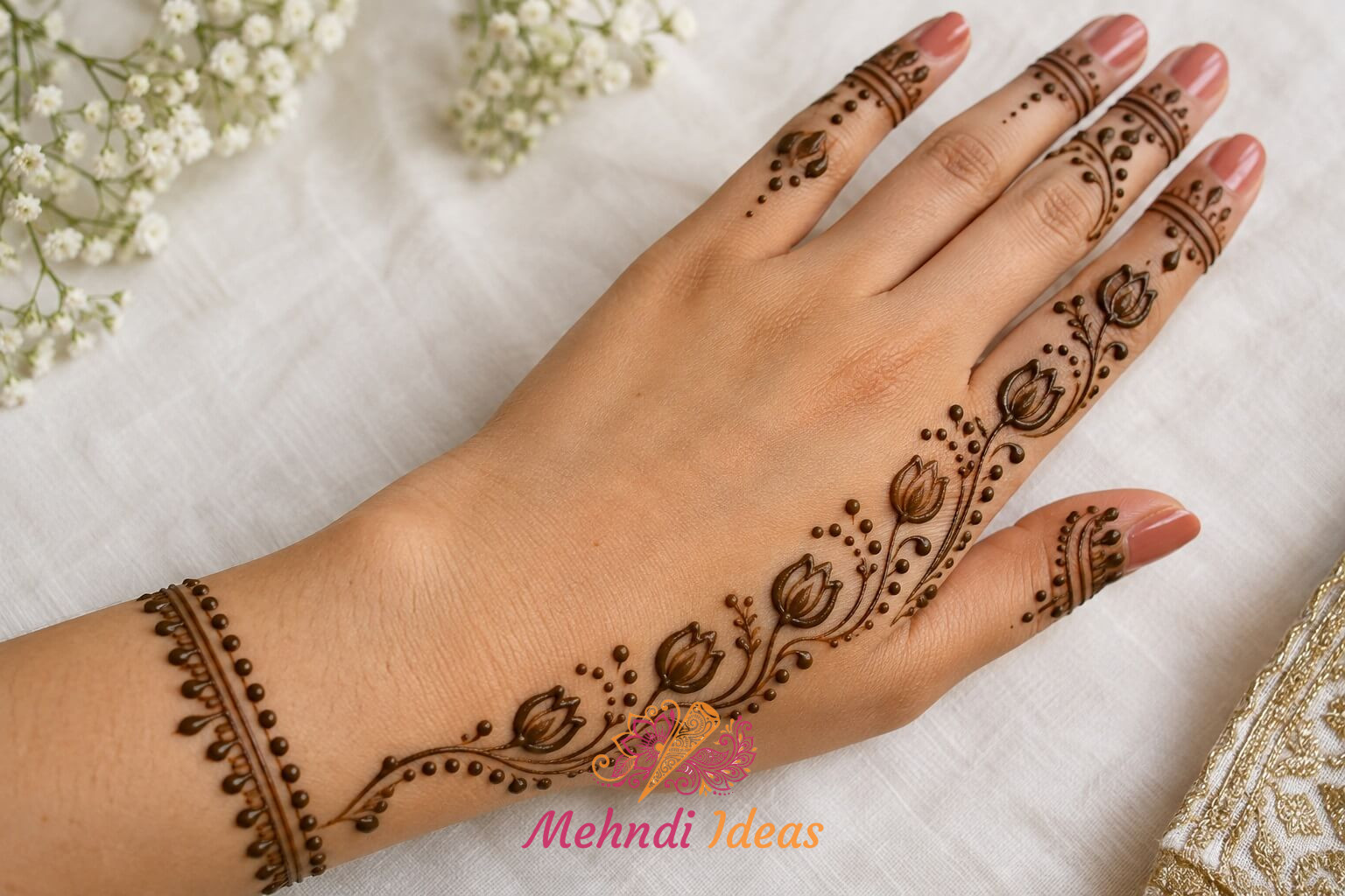 dot mehndi design back hand में एक तरफ बनी बिंदीदार कली संरचना वाली मेहंदी