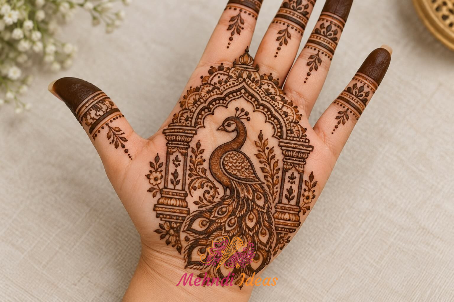 Peacock Mehndi Design Front Hand inside a traditional temple arch