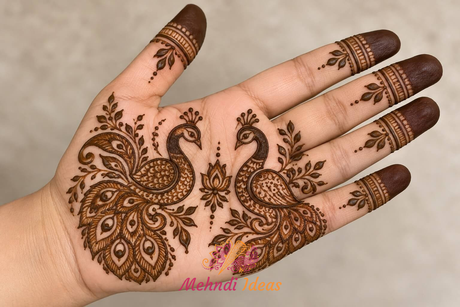 Peacock Mehndi Design Front Hand featuring two traditional peacocks