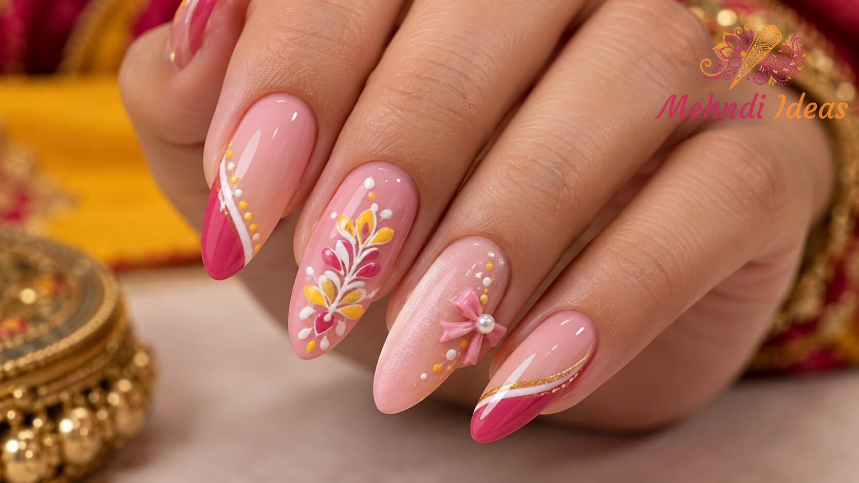 Subtle pink 3D bow and pearl nail art for Navratri