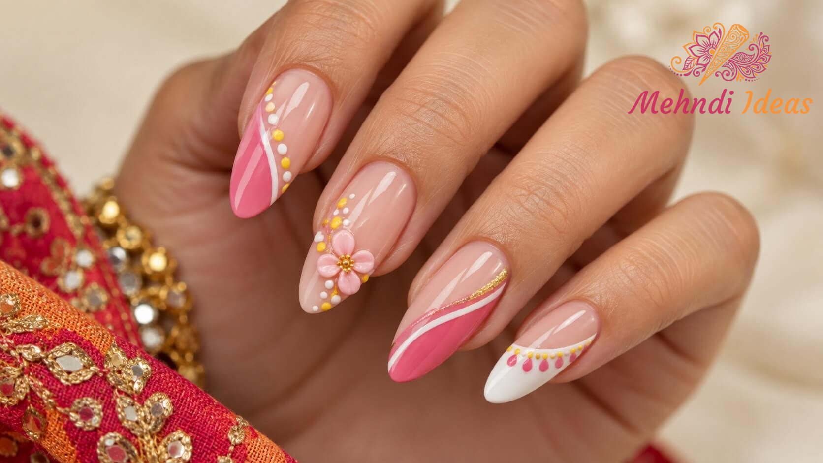 Subtle 3D pink flower nail art for Navratri
