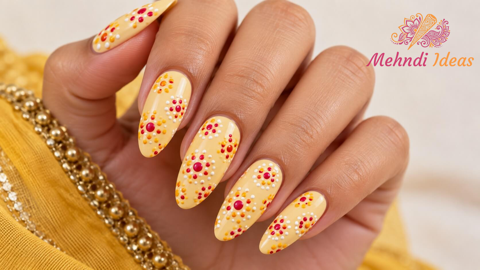 Bandhani-inspired colorful dot pattern nail art for Navratri