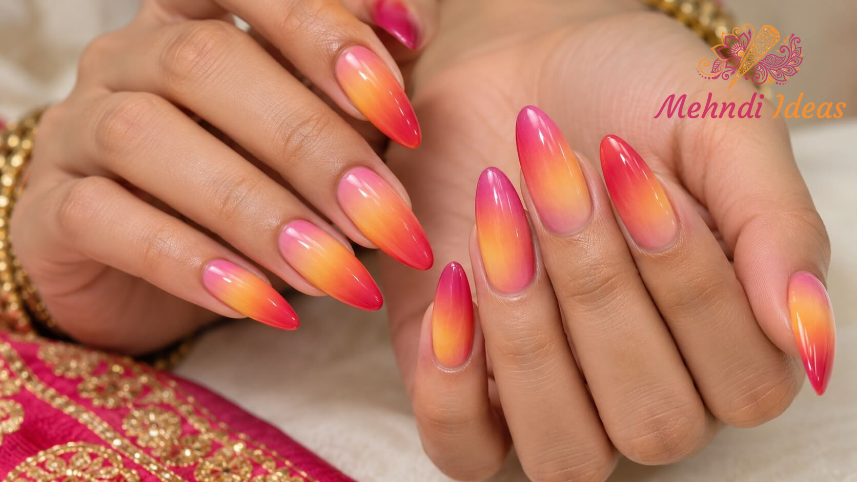 Pink yellow and light red ombre nail art for Navratri
