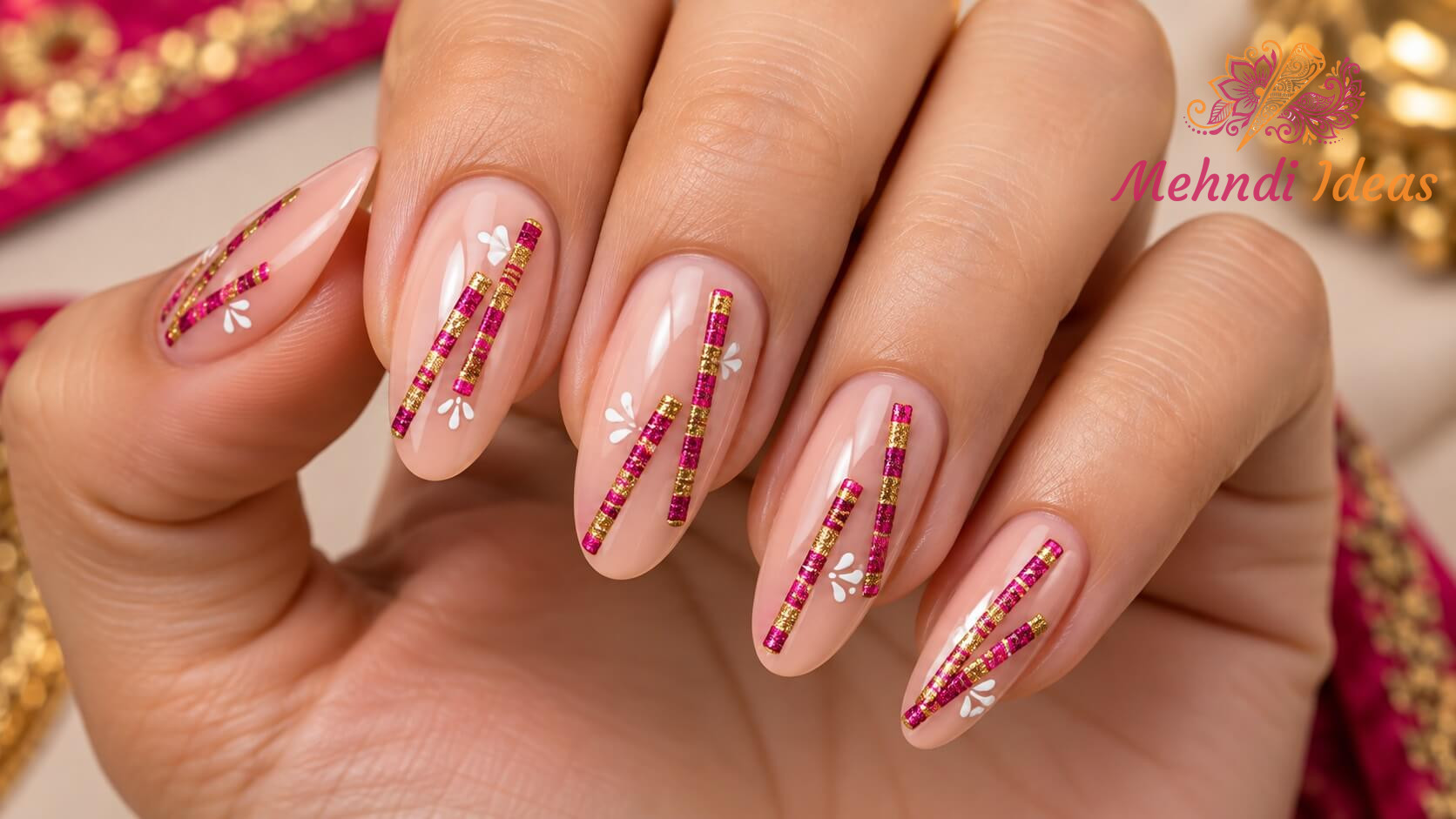 Dandiya-inspired glitter line nail art for Navratri