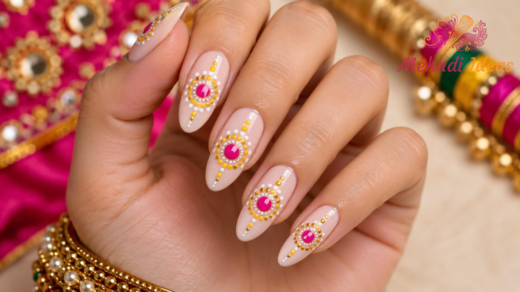 Garba-inspired circular pattern nail art for Navratri