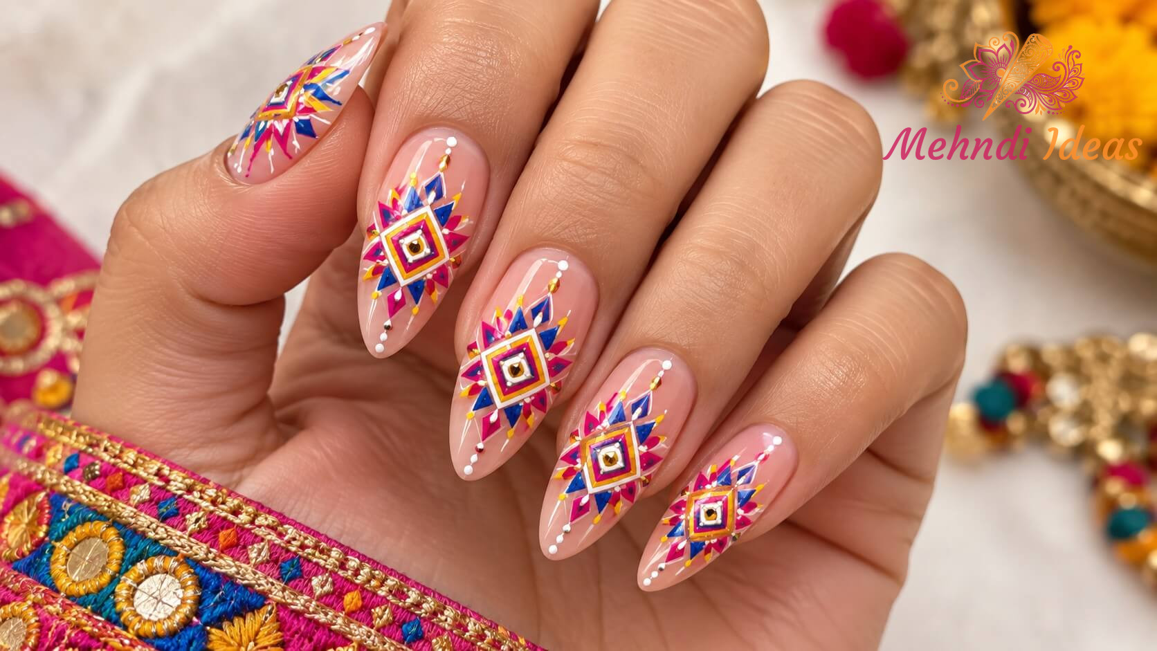 Colorful geometric mandala nail art design for Navratri