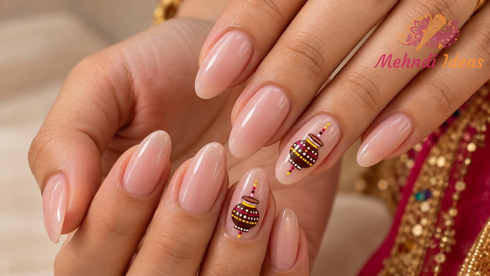 Mini Garba pot nail art design in pink yellow and brown for Navratri