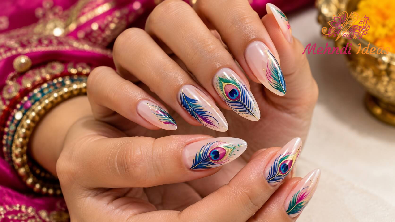 Blue green and pink peacock feather nail art for Navratri